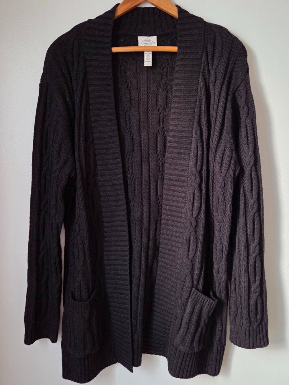 EUC ST JOHN'S BAY BLACK COTTON BLEND CHUNKY OPEN SWEATER CARDIGAN SIZE L